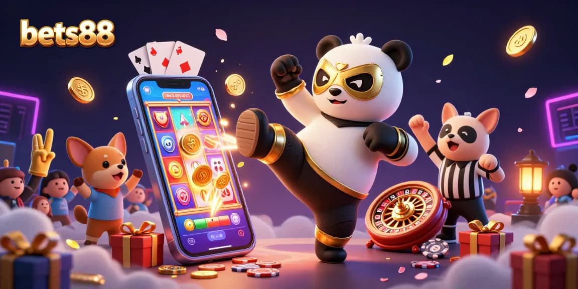 Bets88 animated casino scene with panda wrestler and exciting gaming elements captivating players.