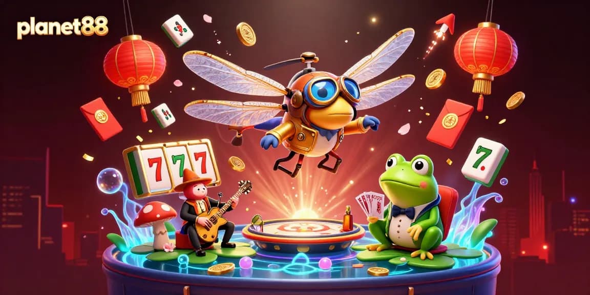 Win big at planet88 with vibrant slot reels and a lively lily pad casino scene.