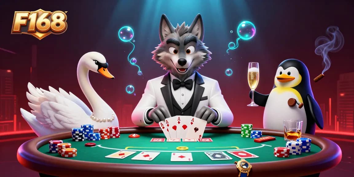 Experience thrilling casino action at F168 with a debonair wolf and elegant characters at a baccarat table.