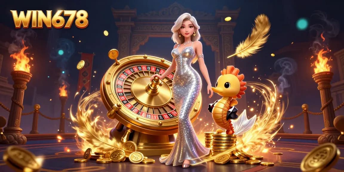 WIN678 showcases a glamorous roulette scene with a mermaid and a tuxedo seahorse, creating excitement.