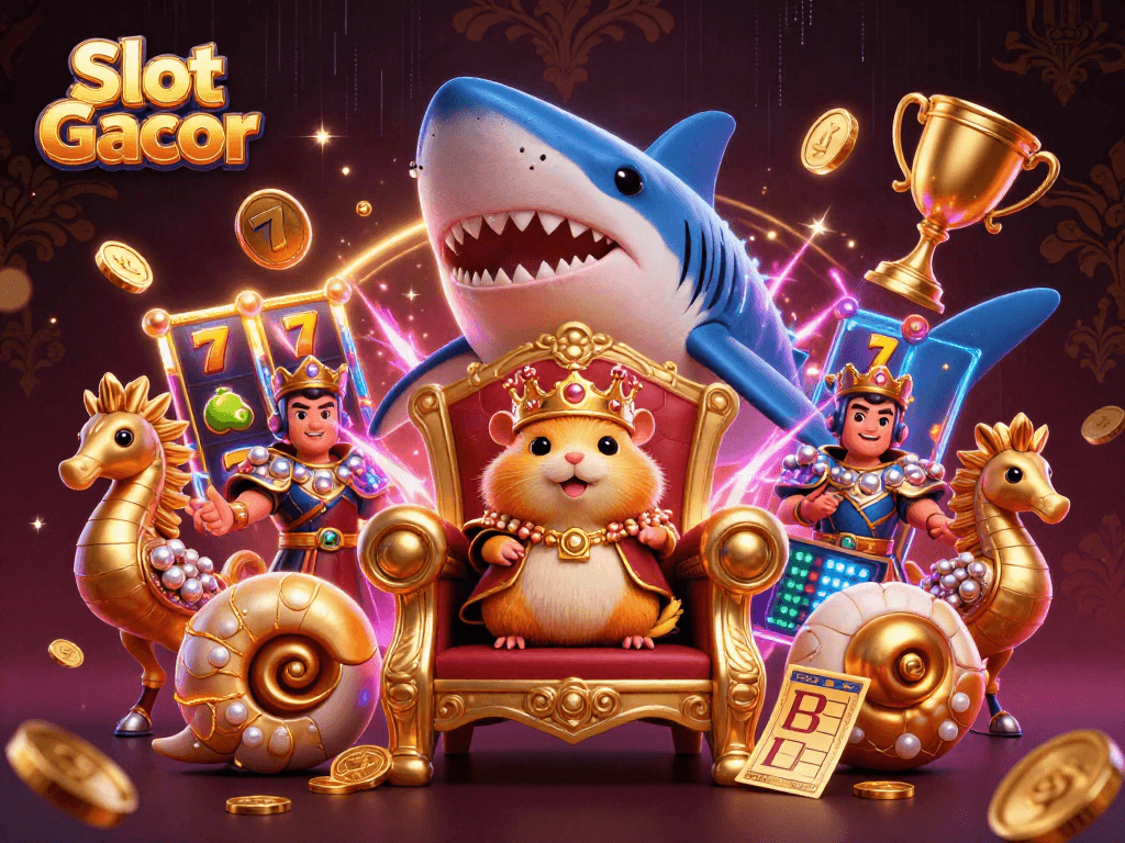 Spin the reels with Slot Gacor featuring a fierce golden hamster king and thrilling casino elements.