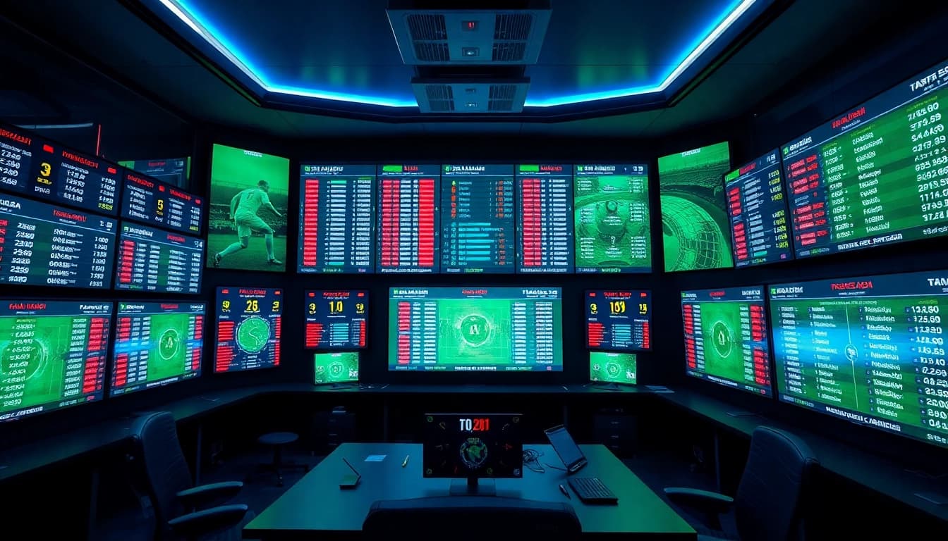 Tỷ lệ kèo displayed on digital screens in a modern sports analysis room