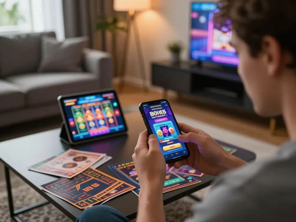 Engaging smartphone display of bonus new member offer while enjoying online gambling experience