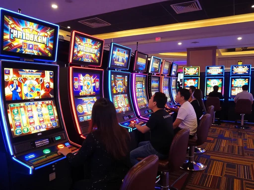 Players engaging excitement in a slot gacor area with colorful machines and dynamic wins.