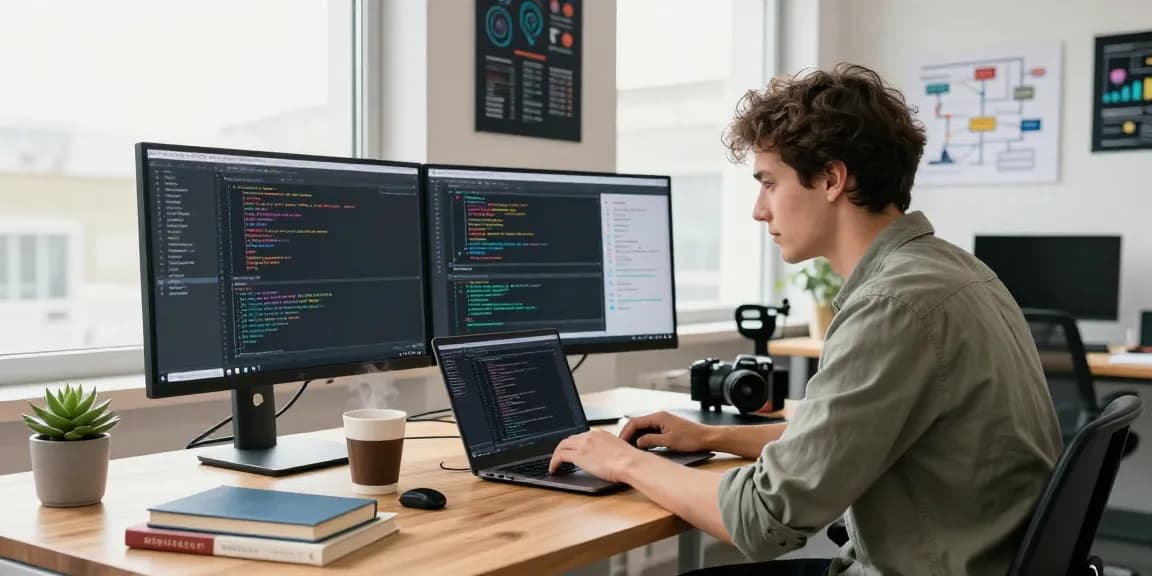 ما الفرق بين eSIM والشريحة التقليدية؟ في مشهد مكتب تكنولوجي حديث يظهر مطور شاب يعمل بحماس على اللاب توب مع شاشات تعرض شفرات معقدة.