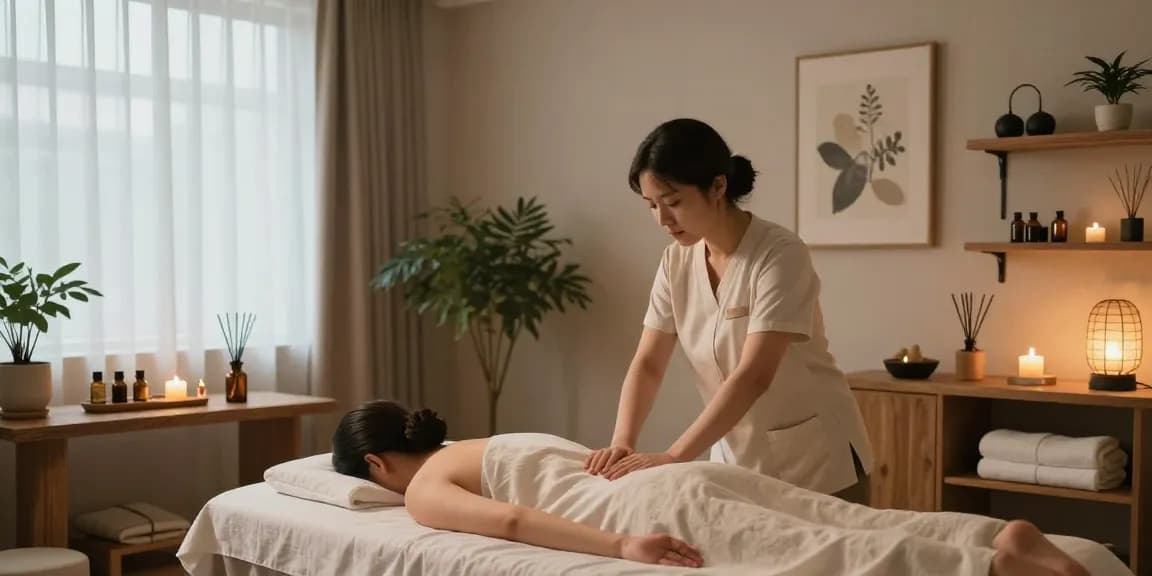 1인샵 massage therapy session in a serene wellness spa with relaxing ambiance and calming decor.