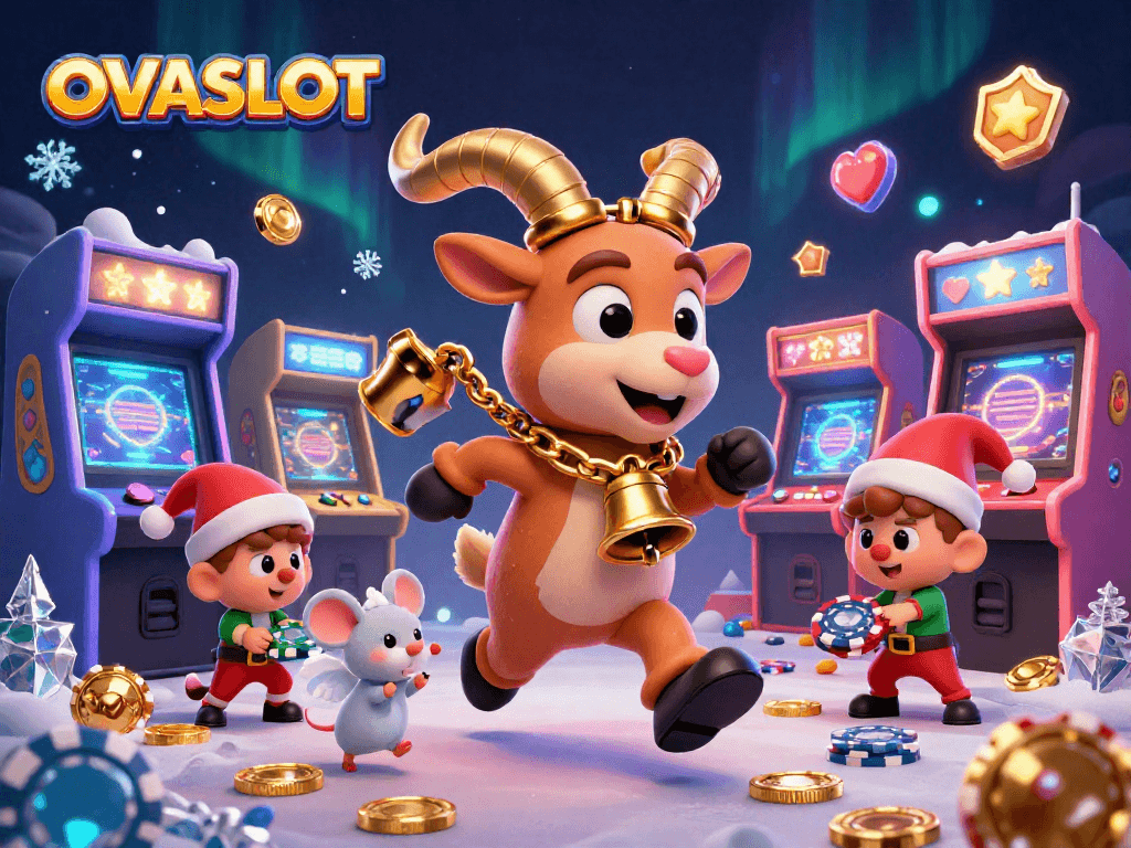 Experience OVASLOT's thrilling casino scene with festive characters and engaging gameplay elements.