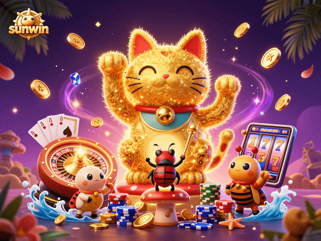 Engage with the vibrant sunwin scene featuring a lucky cat, golden fireflies, and casino elements.