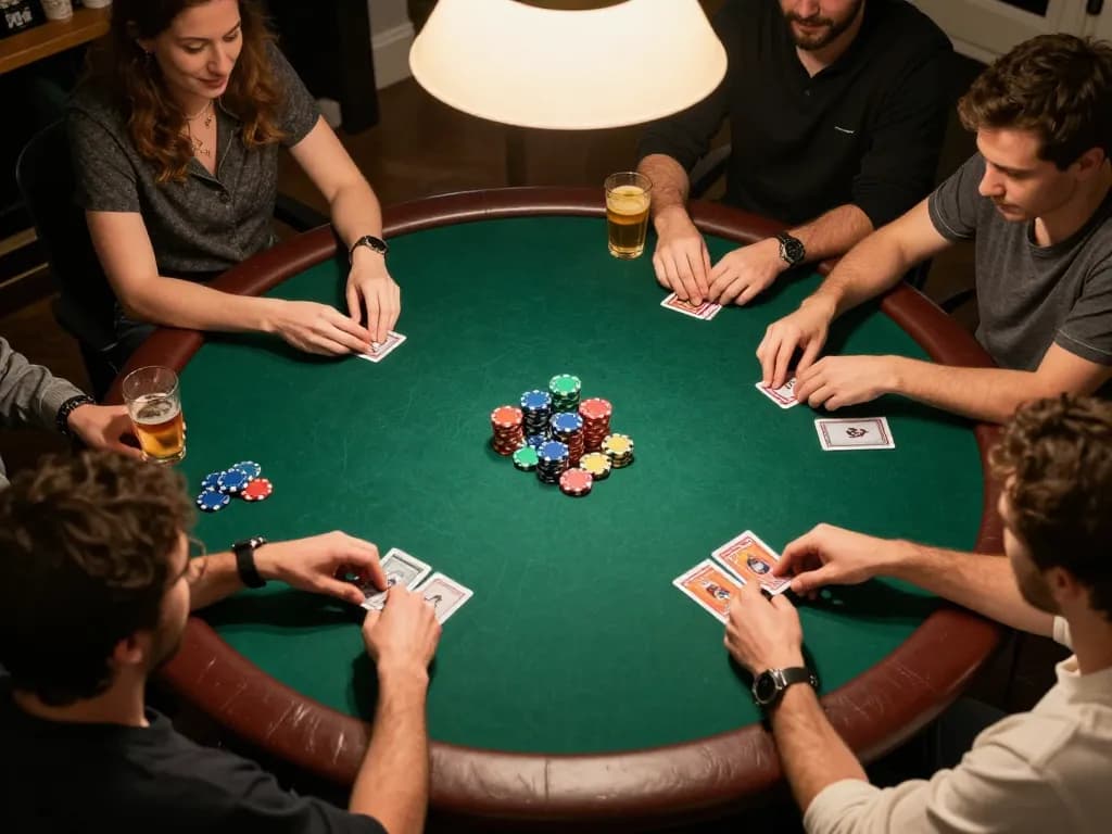 Engaging friends in a poker game at home, showcasing 789bet-themed poker chips and cards for an authentic gaming experience.