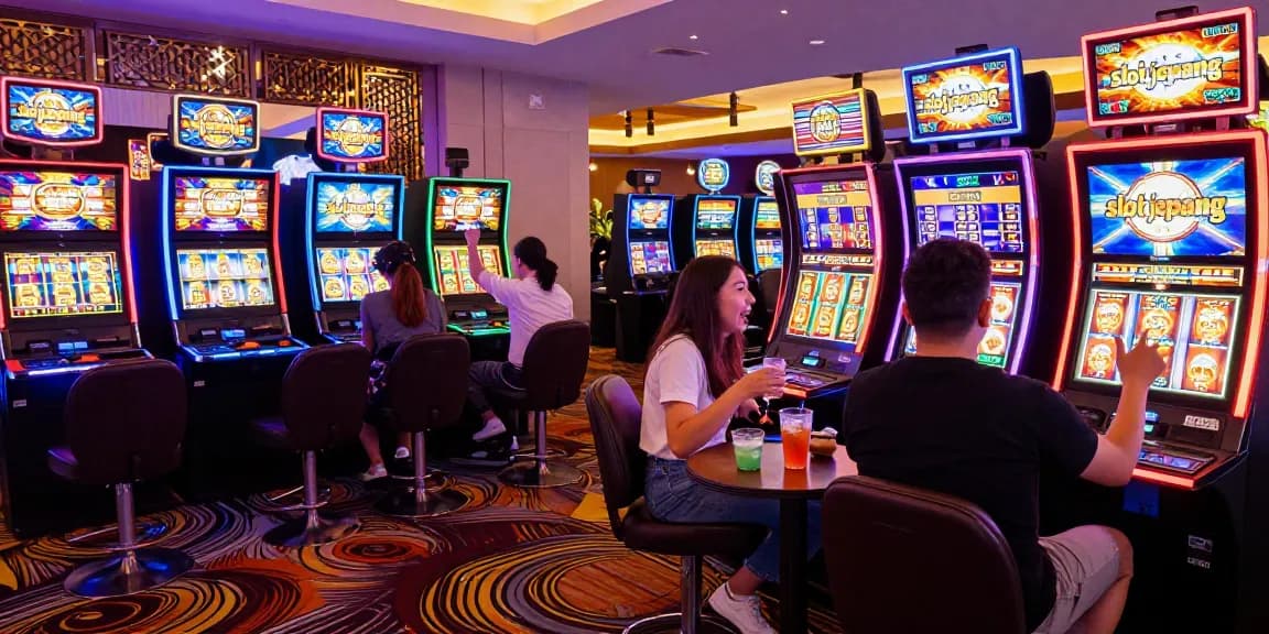 Group enjoying slot jepang machines in vibrant casino atmosphere