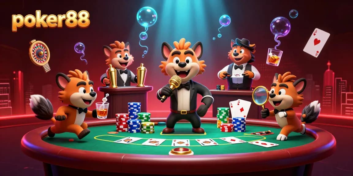 Engage with poker88 in a lively casino scene featuring cartoon hyenas enjoying poker and drinks.