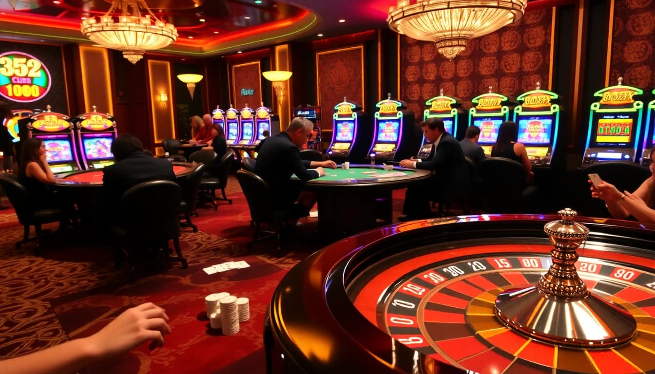 Engaged gamblers enjoying games at the b52club casino, featuring vibrant tables and lively atmosphere.
