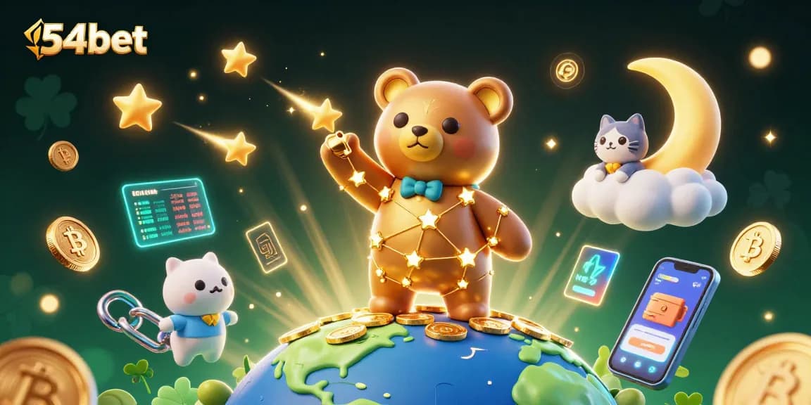 54bet transforms the gaming experience with vibrant characters scooping coins amidst crypto elements.
