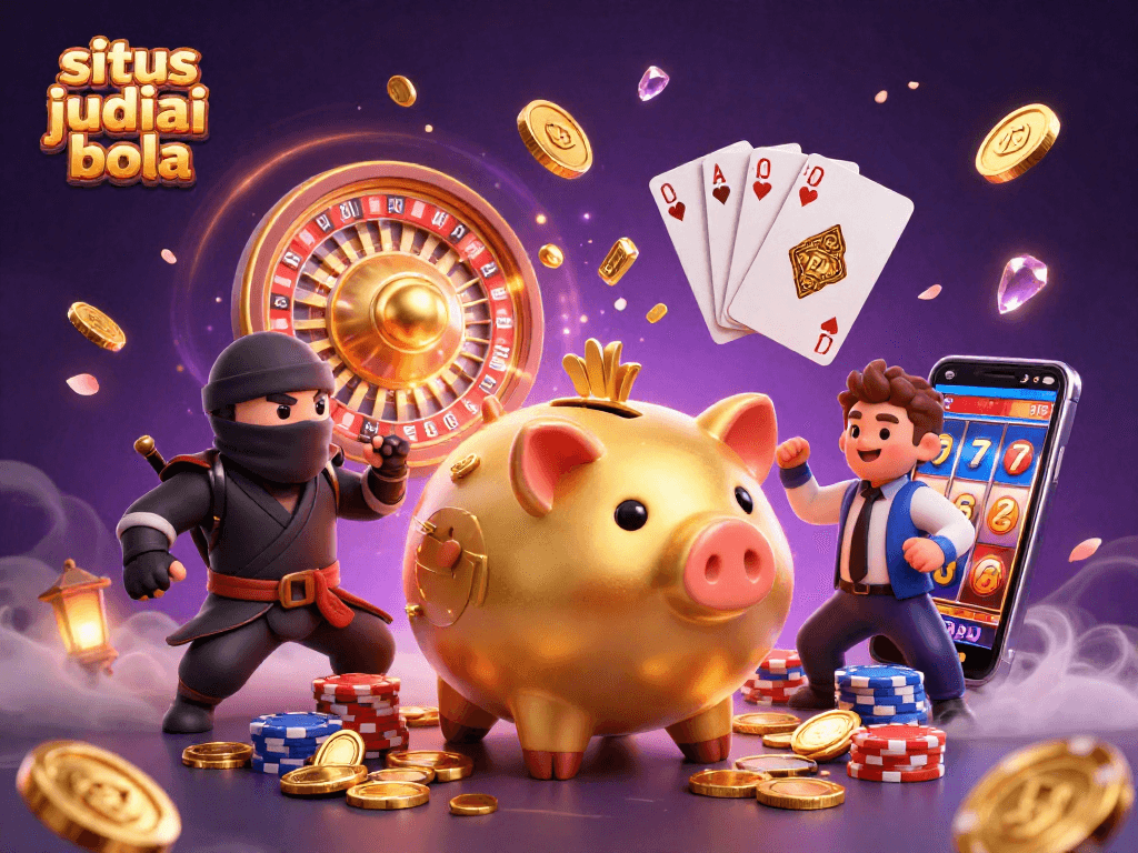 Engage in exciting situs judi bola action with a vibrant scene of a golden piggy bank wrestler, wallet-ninja, and credit-card referee.