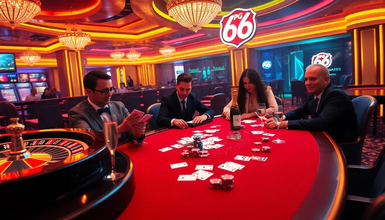 Exciting poker action at PG 66 casino, featuring vibrant casino elements and professional players.