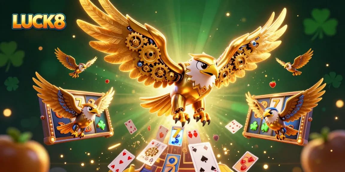 Experience LUCK8 with a vibrant 3D illustration showcasing a golden eagle amidst dynamic slots game elements.