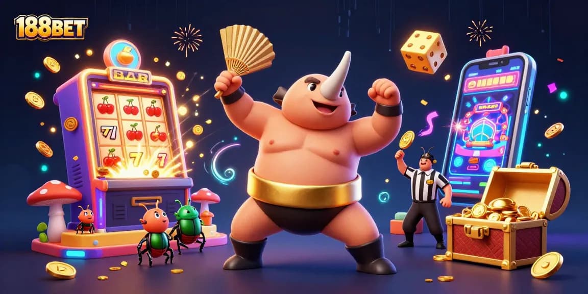 Experience exciting wins at 188BET with a vibrant casino scene showcasing a sumo beetle champion.