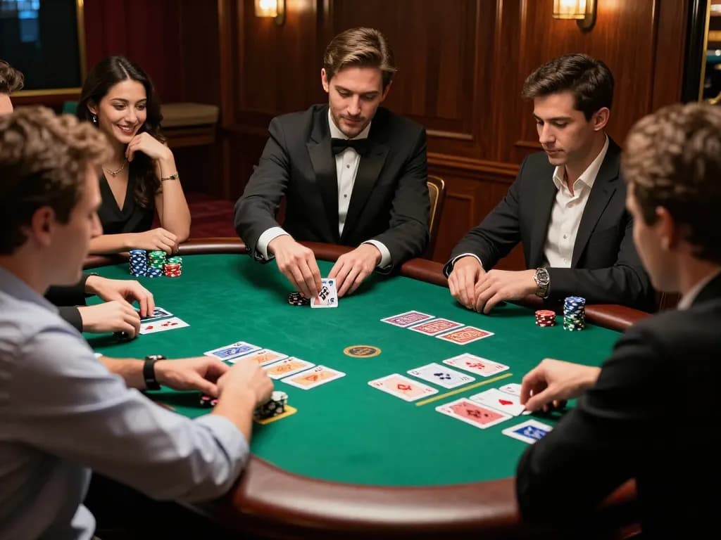 Players strategizing at the 28bet blackjack table while the dealer shuffles cards.