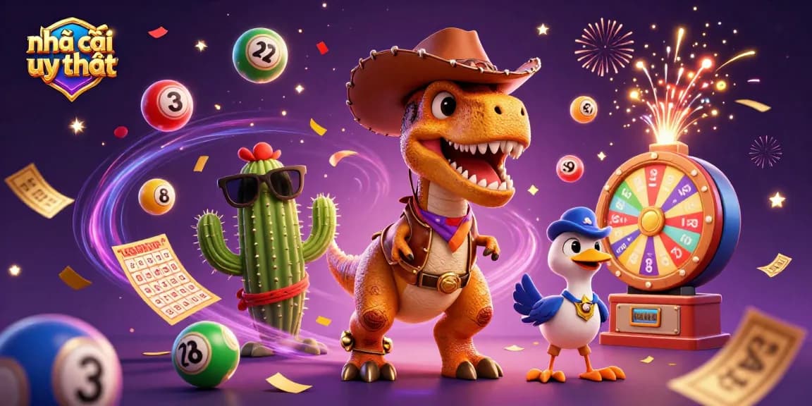 Experience excitement at nhà cái uy tín as a vibrant 3D dinosaur wins lottery prizes in a dynamic casino scene.