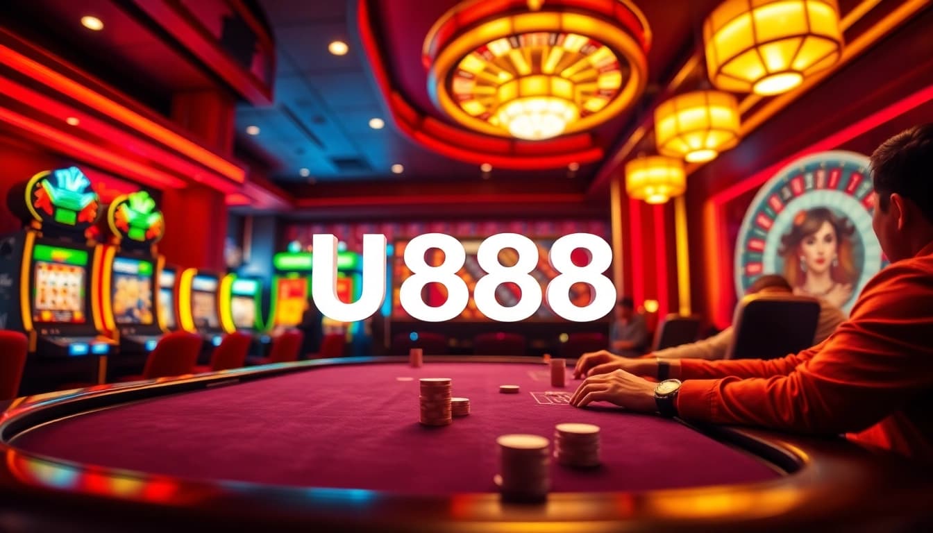Exciting U888 online casino table game scene, featuring engaging players and vibrant slot machines.