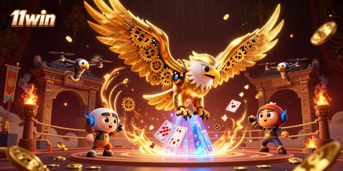 Experience thrilling gameplay at 11win with a stunning eagle soaring through holographic cards.