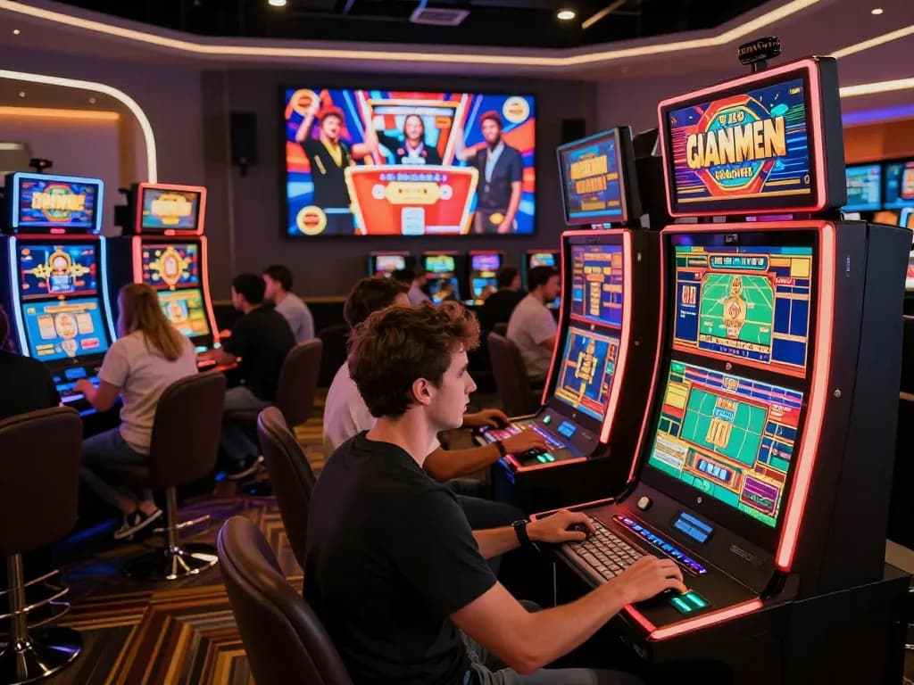 Players enjoying slot games and live dealer experiences at KJC online casino, dynamic atmosphere with vibrant screens.
