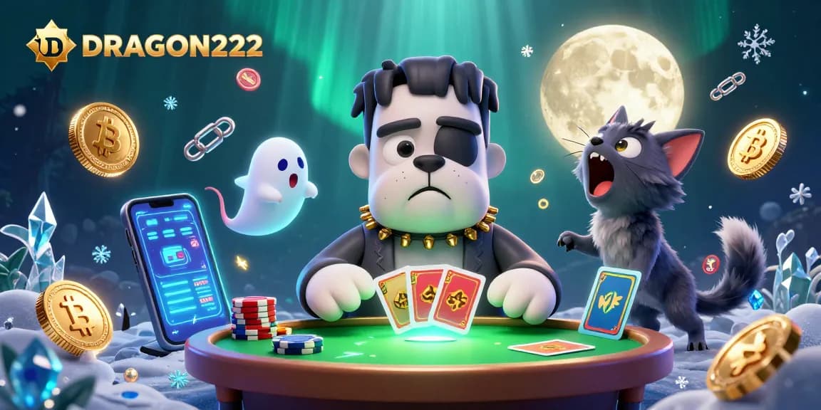 Enjoy thrilling card games with DRAGON222 at a spooky casino table featuring playful characters.