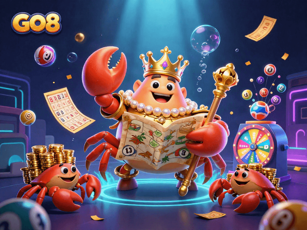 GO8 captivates with a vibrant casino scene featuring a golden crab emperor and dynamic lottery elements.