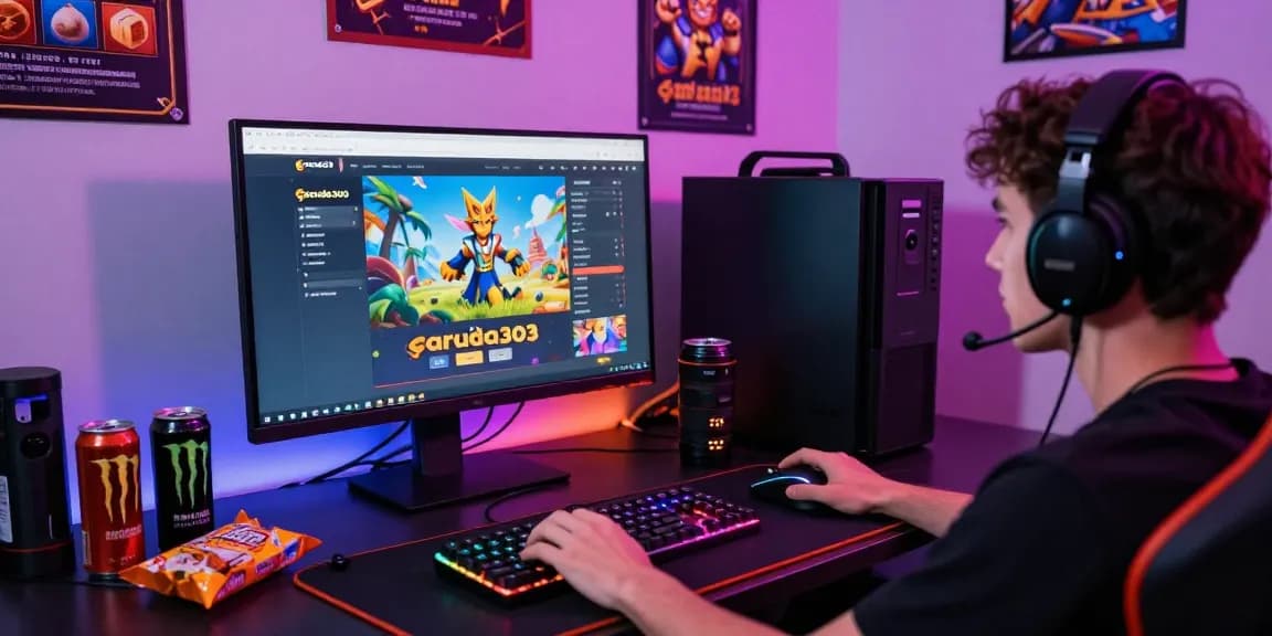 Player engaged in garuda303 online gaming with vibrant setup and gaming gear.