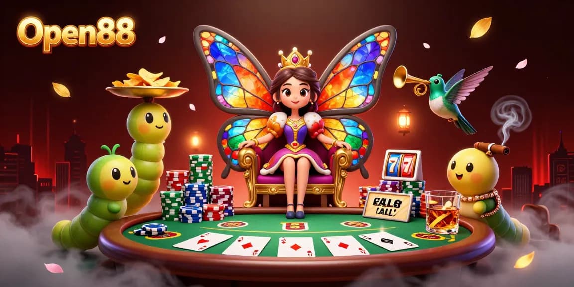 Experience the vibrant world of Open88, featuring a butterfly queen and poker elements in a captivating scene.
