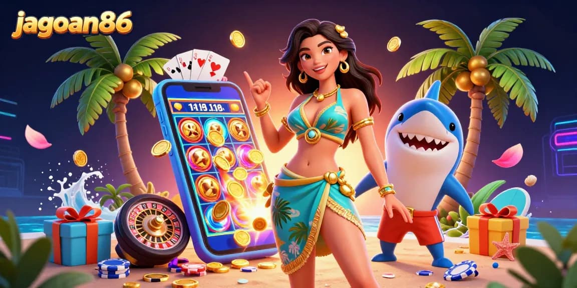 Play at jagoan86 and win exciting jackpots with vibrant slot games in a tropical casino setting.