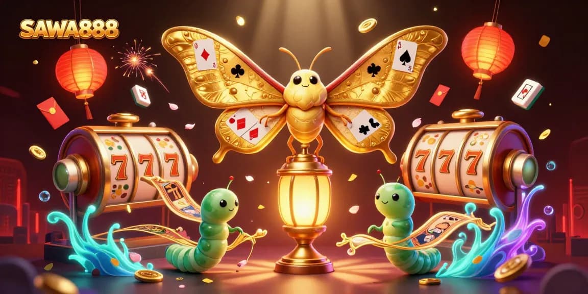 Experience winning jackpots at SAWA888 with vibrant slot reels and glowing golden elements.
