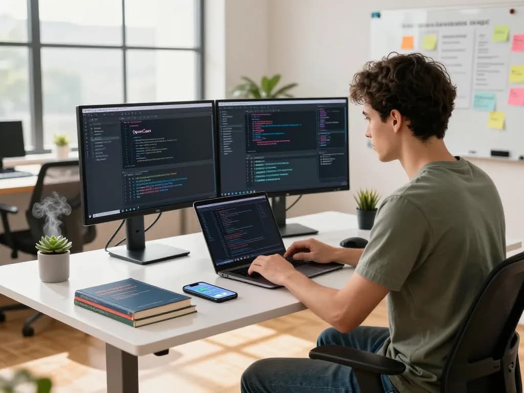 OpenClaw interface on dual monitors in a vibrant software development workspace with a developer coding.