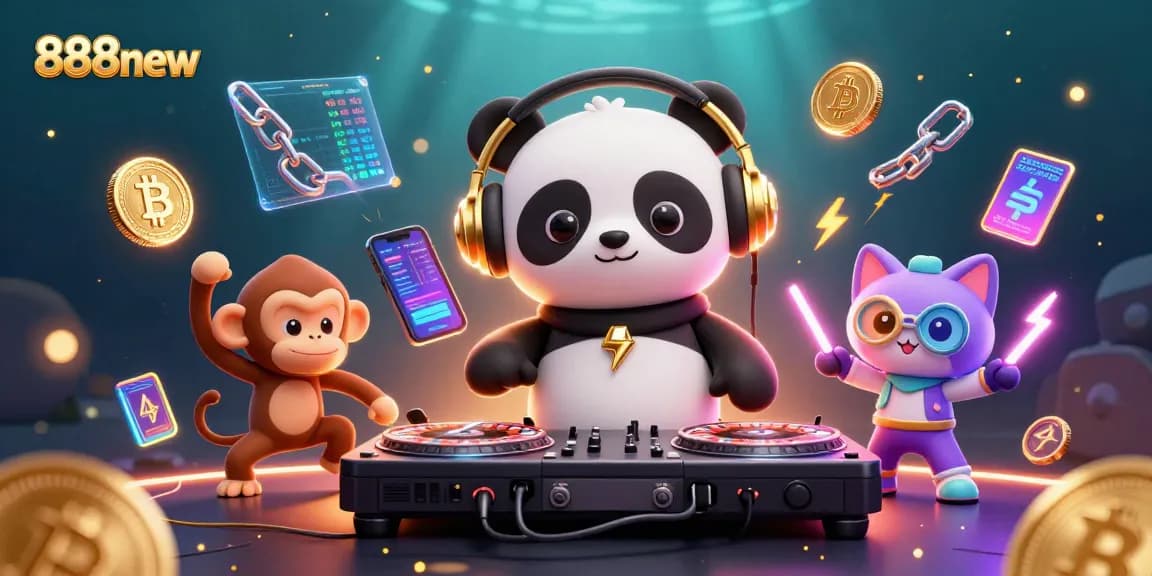Experience the vibrant energy of 888new with a DJ panda and animated characters in a colorful casino scene.