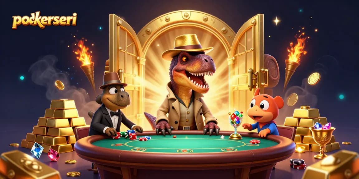 Experience the thrill of poker at pokerseri with a cartoon velociraptor dealing cards, gold coins, and sparkling gems.