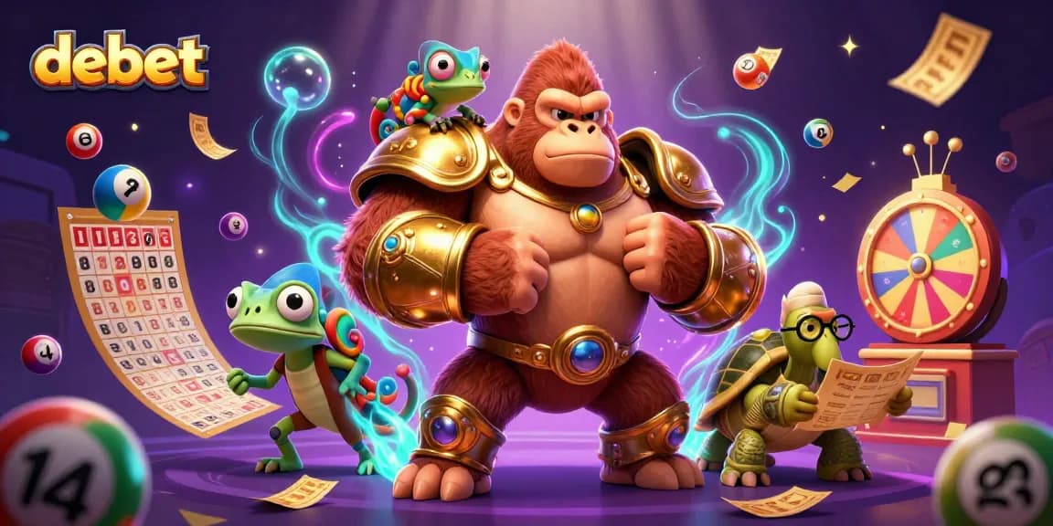 Engage with debet's vibrant gaming adventure featuring a powerful gorilla king and colorful lottery elements.