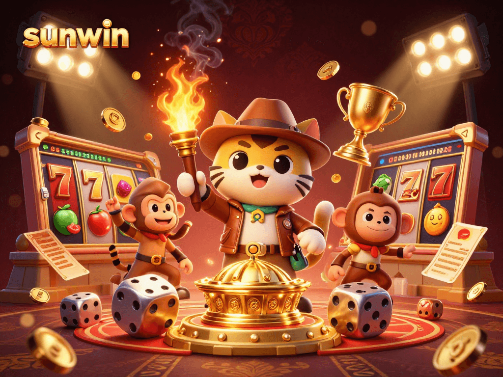 Experience thrilling wins with sunwin as our explorer cat and monkey discover golden treasures in a vibrant casino.