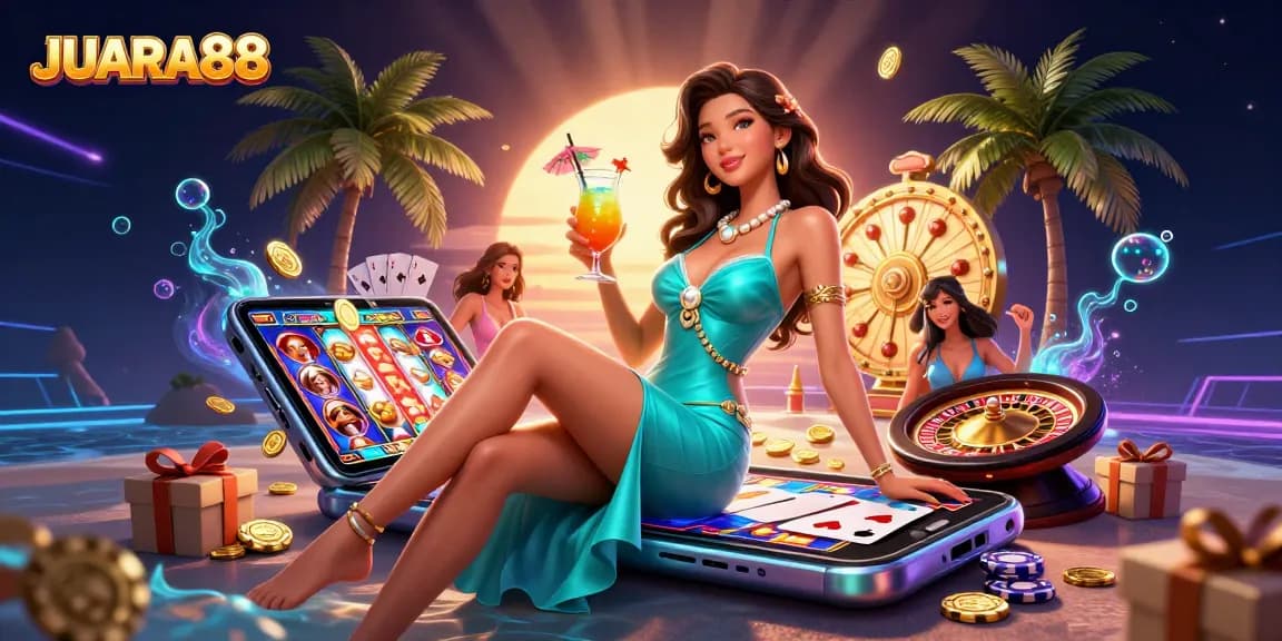 Experience JUARA88 gaming excitement with a glamorous scene of a woman enjoying a cocktail at a tropical casino.