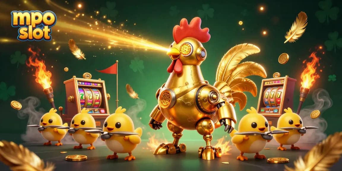 Experience the excitement of mpo slot with a vibrant 3D illustration featuring dynamic rooster robot and slot machines.