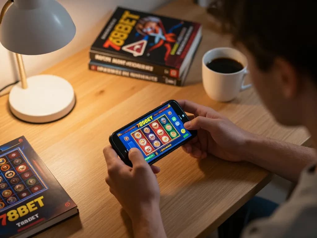 Engaged player using nhà cái 789bet app on smartphone in cozy home office.