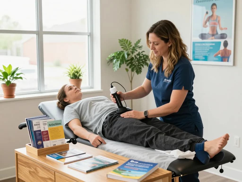 Chiropractor care session in a bright clinic, Dr. Andrea using ArthoStim for brain-based adjustments, showcasing a healing environment.