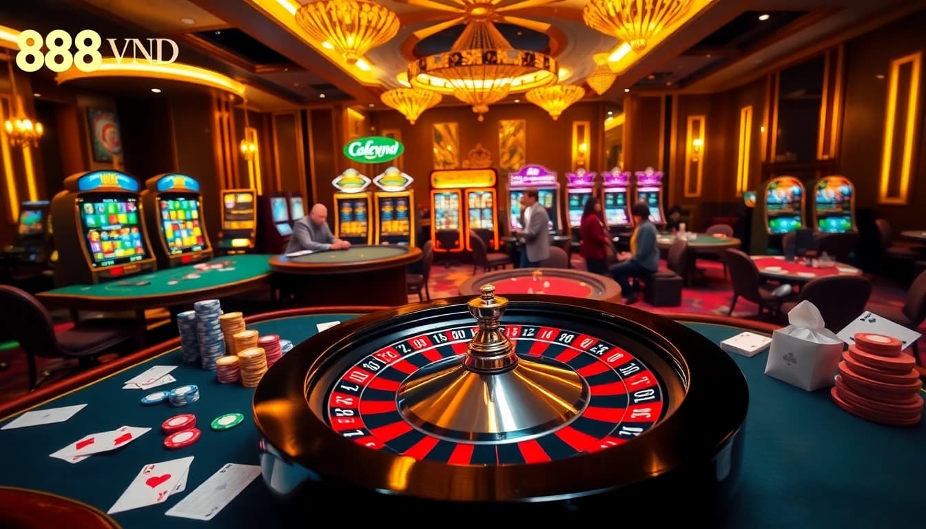 Experience thrilling gaming at 888VND with colorful chips on an elegant casino table.