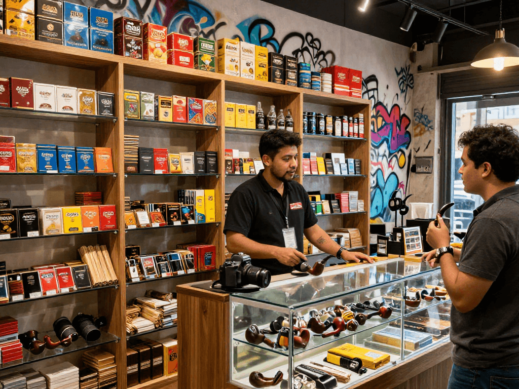 Explore the vibrant rokok88 products in a modern smoke shop, showcasing tobacco and accessories.
