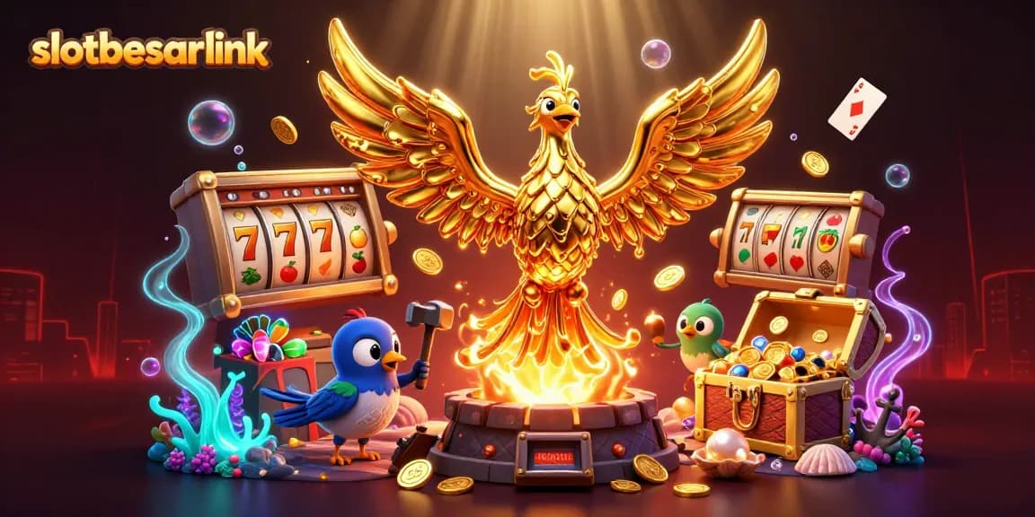 Experience the thrill of winning with slotbesarlink's vibrant casino illustration showcasing slot reels and golden treasures.