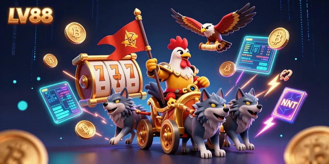 Experience LV88 with a dynamic illustration of a rooster warlord in a golden chariot, surrounded by exciting slot gaming elements.