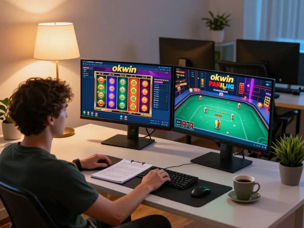 Engaging in online gaming at home with okwin interface on dual screens, showcasing strategic gameplay