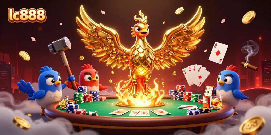 Experience thrilling action at lc888 with a golden phoenix rising amidst poker elements and casino vibes.