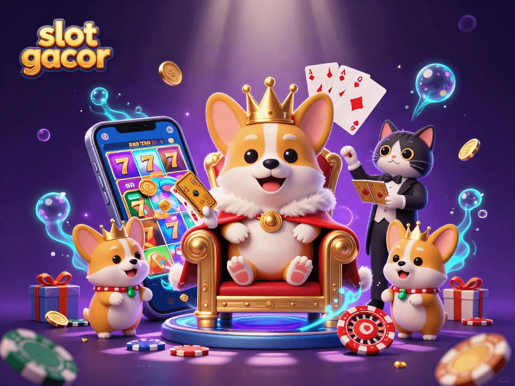 Slot gacor mempersembahkan corgi kerajaan dengan mahkota emas di tengah permainan kasino berwarna-warni.