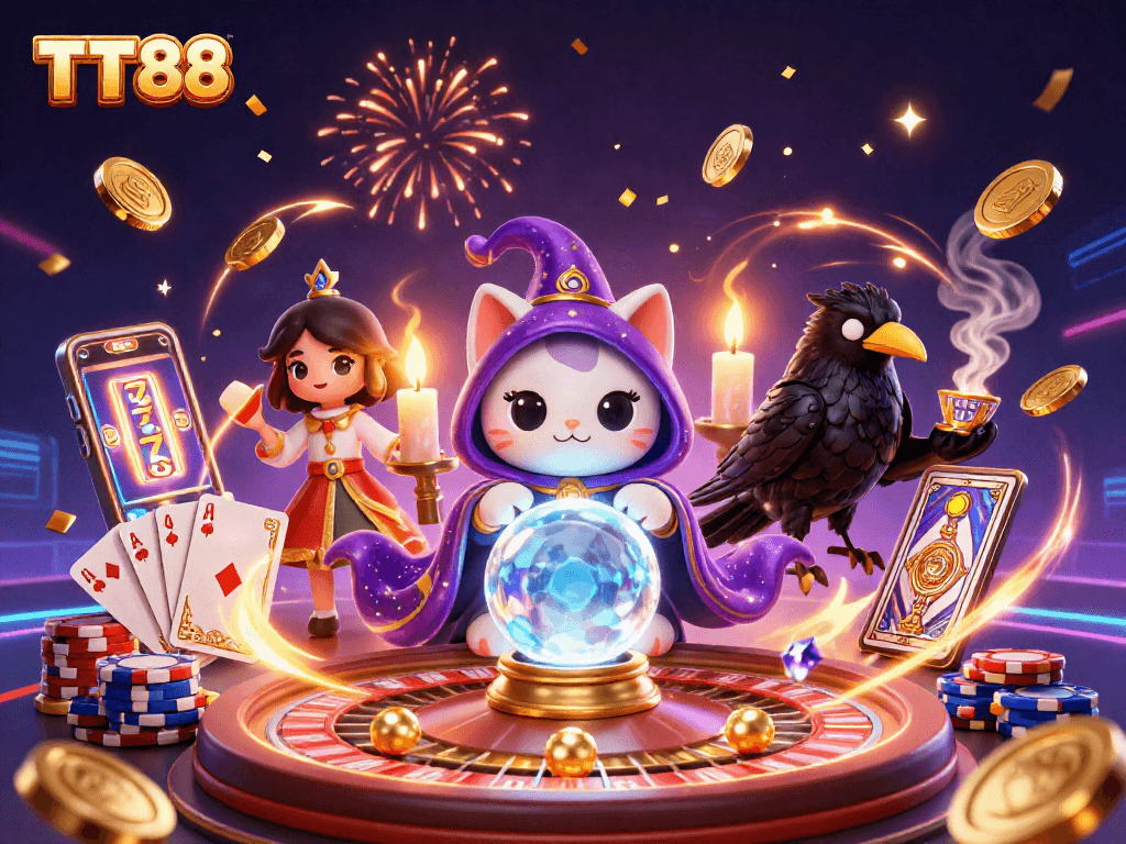 Experience the captivating world of TT88 with fortune teller cat and mystical elements in an enchanting casino scene.