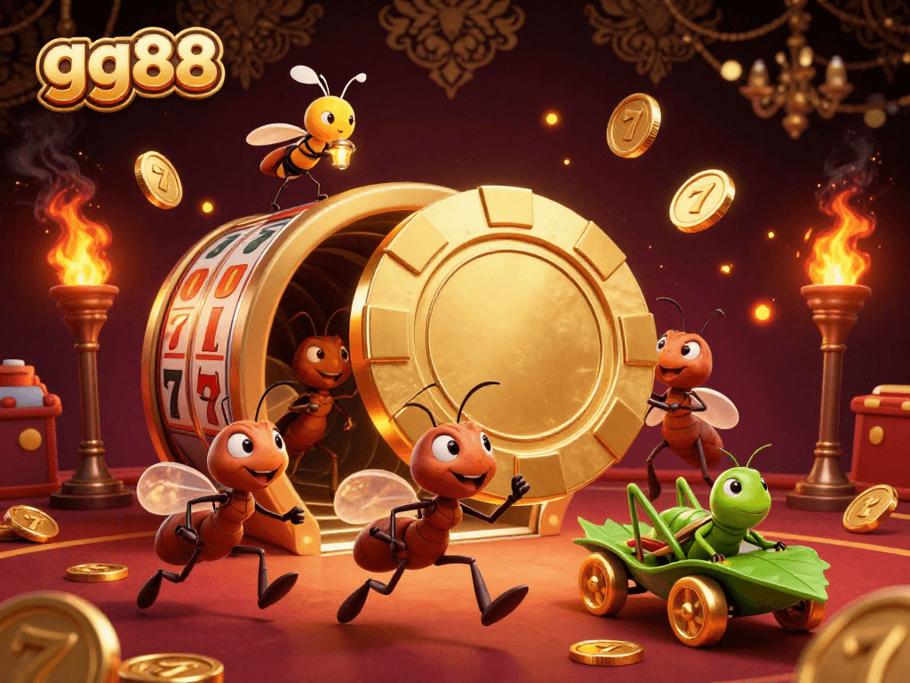 Experience gambling excitement with gg88 in this vibrant 3D scene of ants on a casino heist.